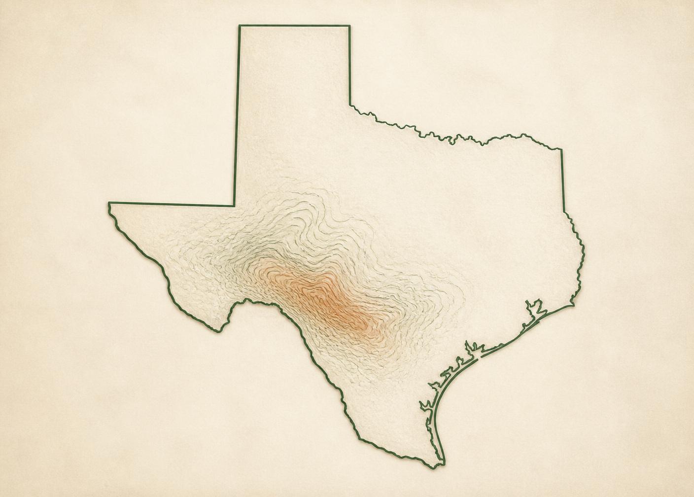 Decorative outline of Texas with the Hill Country region subtly emphasized