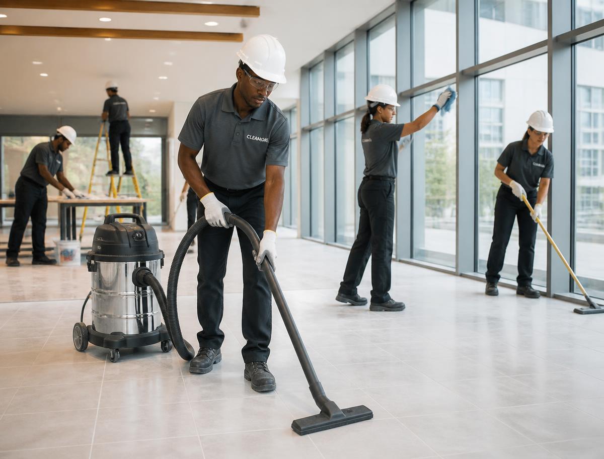 Professional cleaning crew performing post-construction cleanup inside a newly built building
